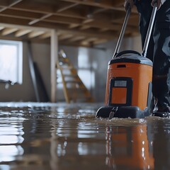 Worker using a water extraction pump to remove floodwater from a basement during a home renovation.