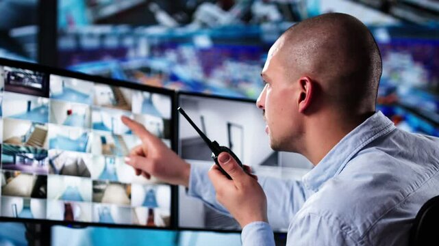 Security System Cctv Monitor Room. Man Using Walkie Talkie