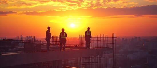 Fototapeta premium Three construction workers stand on the edge of a rooftop as the sun sets over the city, with a view of the cityscape in the background.