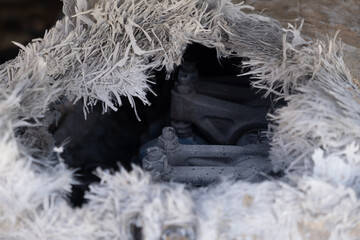 Burnt out car engine in Ukraine. after a fire or accident scene, covered with rust
