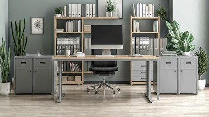 Fototapeta premium Modern office workspace featuring a desk, computer, shelves, and plants for productivity.