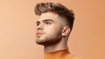 Fototapeta premium a man with a trendy fade haircut and textured top, wearing a casual outfit