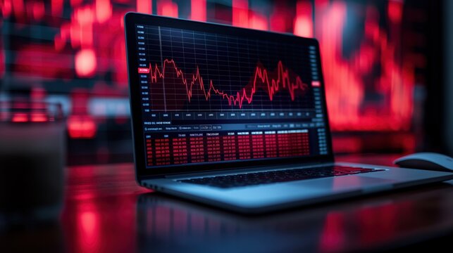 Chart data on a laptop computer screen representing business or stock growth