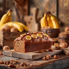 Delicious banana nut bread loaf on rustic wooden board.