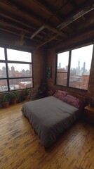 Fototapeta premium A cozy, modern bedroom features a bed with simple linens, surrounded by plants. Large windows showcase a cloudy urban skyline, enhancing the loft's charm