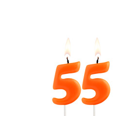 Orange birthday candle on white background - Number 55