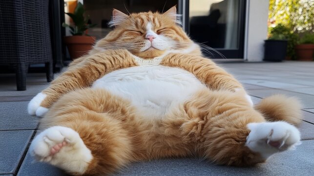 A chubby ginger cat lounges comfortably on a patio, exuding relaxation and calm in an outdoor setting..
