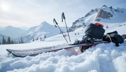 Skis, poles, and backpack on snow with mountains in the background, representing beginner skiing and off-piste skiing