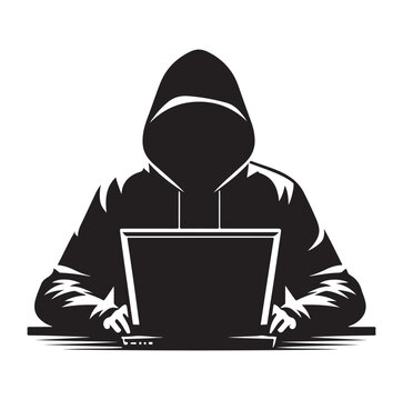 Computer hacker with laptop silhouette vector illustration