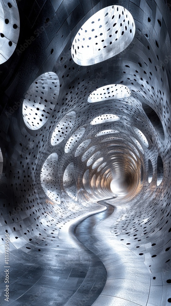 Aufkleber futuristic corridor with round openings and winding pathway illuminated by soft light