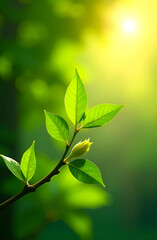 green leaves on a branch, background blurred, sun rays