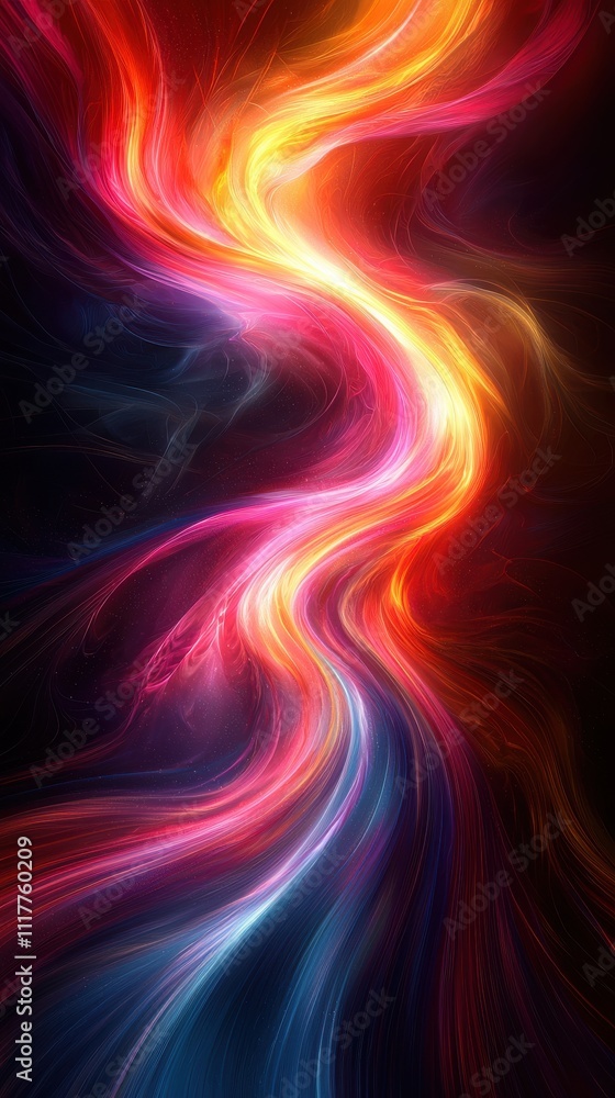 Poster colorful light trails create a dynamic abstract design in a dark background environment