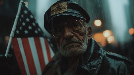 Older man with American flag in the rain, serious expression.