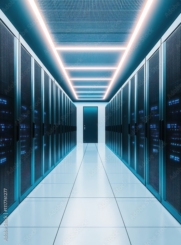 Aufkleber modern data center server room with rows of rack servers and glowing lights.