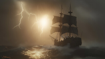 Obraz premium Stormy seas sailing ship ocean dramatic environment distant view adventure concept