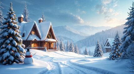 Naklejka premium Cozy wooden chalet celebrating christmas in a snowy mountain village