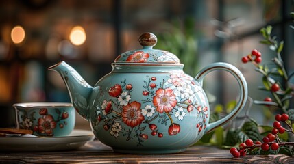 photograph of Elegant teapot with a floral design, highlighting tea culture and dining.