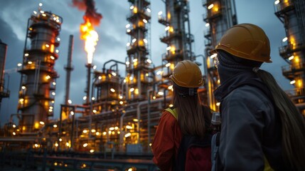 Engineers in protective gear watching a burning flare stack at an oil refinery, illustrating energy industry operations and safety practices.