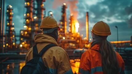 Engineers in protective gear watching a burning flare stack at an oil refinery, illustrating energy industry operations and safety practices.