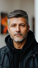 Fototapeta premium A man with a well-groomed gray hairstyle and beard stands in a contemporary gallery setting, showcasing a relaxed yet confident expression. His casual outfit includes a black jacket and hoodie