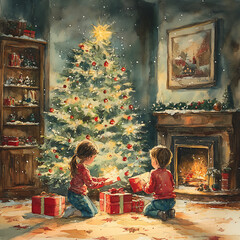 Magical Christmas Scene Featuring Children Opening Gifts in a Cozy Living Room with a Beautifully Decorated Tree and Warm Fireplace
