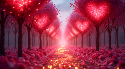 Romantic valentine's day path with glowing heart shaped trees creating a magical atmosphere
