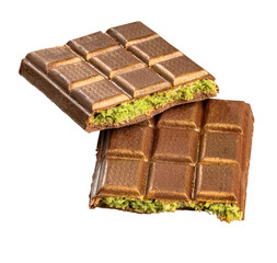 Two chocolate bars with pistachio filling