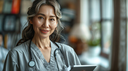 Older Asia GP explains treatment plan, showing check up health test results on digital tablet to young female patient at her visit in clinic, smile, receive professional medical services at hospital.