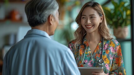 Older Asia GP explains treatment plan, showing check up health test results on digital tablet to young female patient at her visit in clinic, smile, receive professional medical services at hospital.