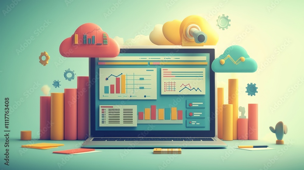 Poster colorful 3d illustration of laptop displaying data analytics with graphs and vibrant cloud elements 