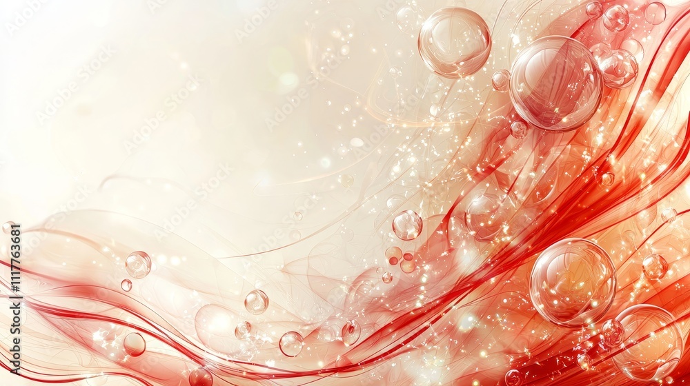 Poster abstract background with flowing red waves and bubbles, bright light effects, and soft textures for 