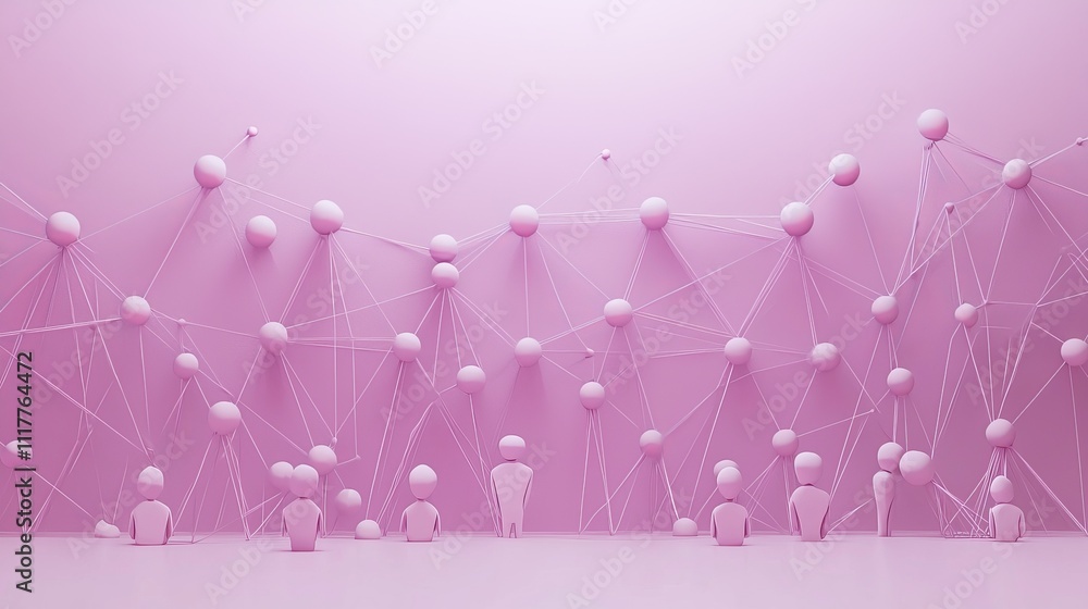 Poster Abstract representation of social connection and communication in pink with figures and connecting lines in a modern design
