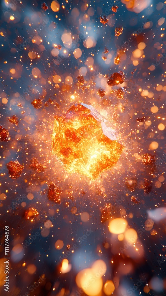 Poster bright explosion of fiery particles illuminating the dark background with dynamic movement and vibra