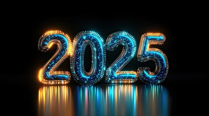 Bright 2025 Numbers with Light Effects on Black Background