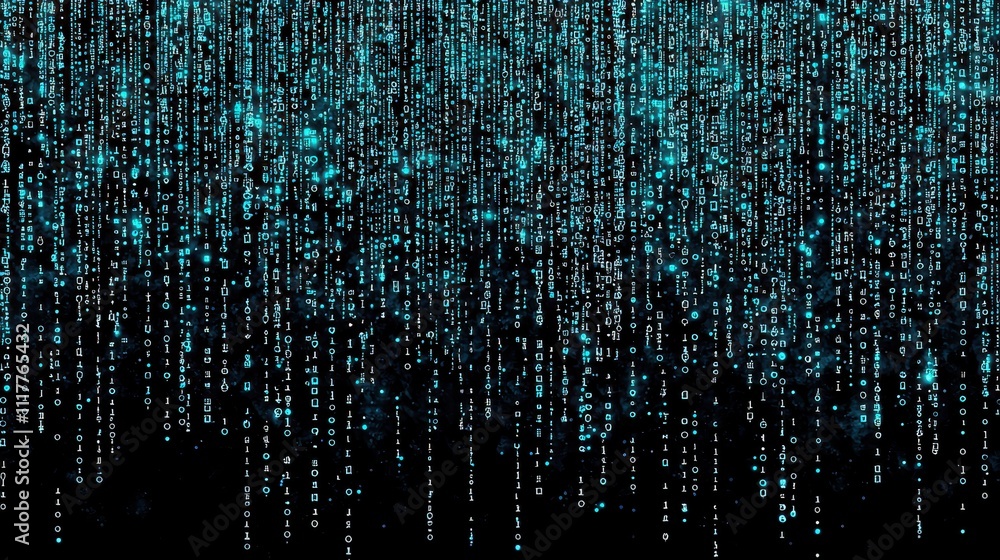 Poster dynamic stream of flowing binary code illuminated in vibrant colors against a black background