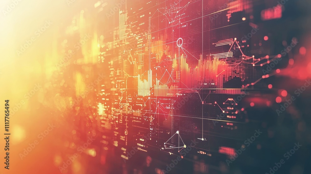 Poster abstract digital background with data visualization, charts, graphs, and colorful light effects in o