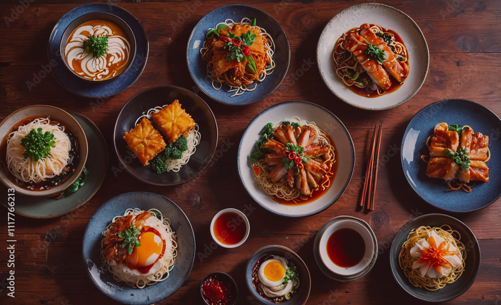 Poster a table full of asian food with chopsticks. the food is arranged in a way that makes it look like a 