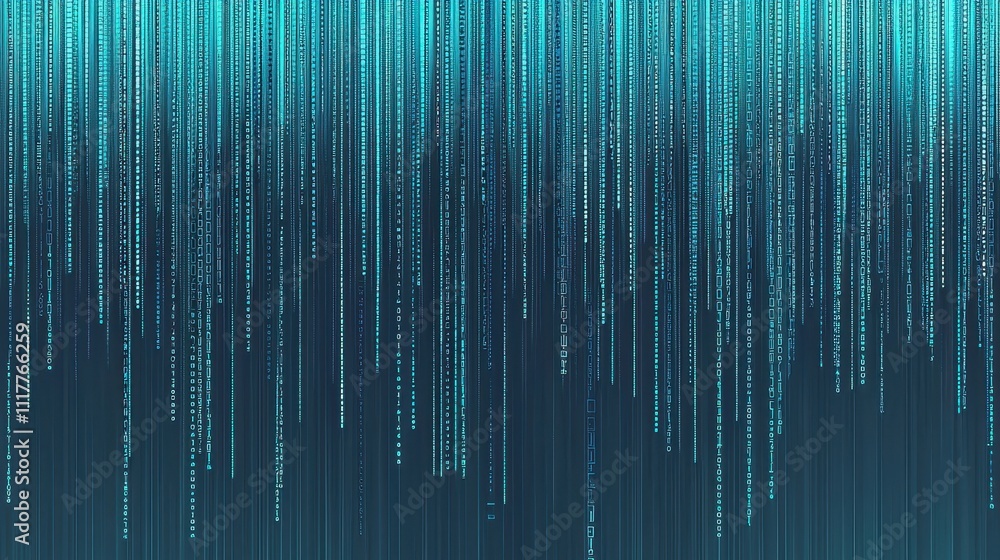 Poster dynamic stream of flowing binary code illuminated in vivid aqua and dark background