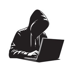 Computer hacker with laptop silhouette vector illustration