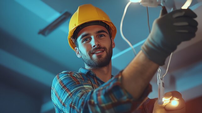 A man in a blue plaid shirt and an orange vest works on a light fixture.