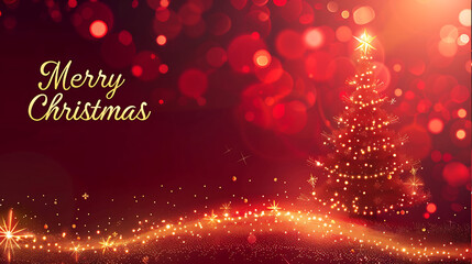 Festive card with a red background, golden Christmas tree, and Merry Christmas text on the right