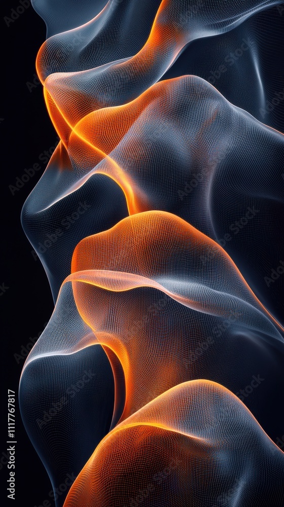 Poster dynamic waves of orange and grey light flow seamlessly through a dark space creating an ethereal vis