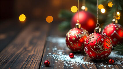 Christmas decoration red, New Year's ball, on a background of dark wooden boards, New Year's tree in blur, space for text