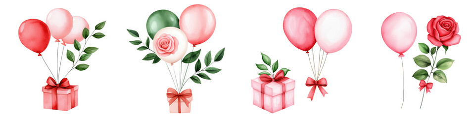Rose gift concept. Gift boxes with red and pink balloons and roses create festive and romantic atmosphere. Perfect for celebrations and special occasions
