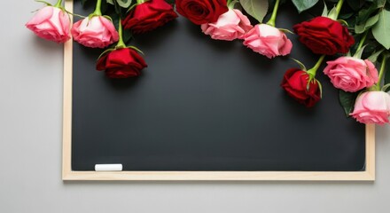 Romantic floral chalkboard with red and pink roses for special occasion announcements or creative designs