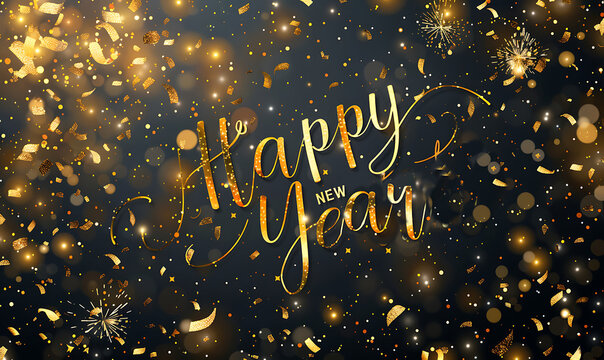 A dazzling New Year background with sparkling fireworks, golden confetti, and "Happy New Year" in elegant calligraphy, setting a festive tone