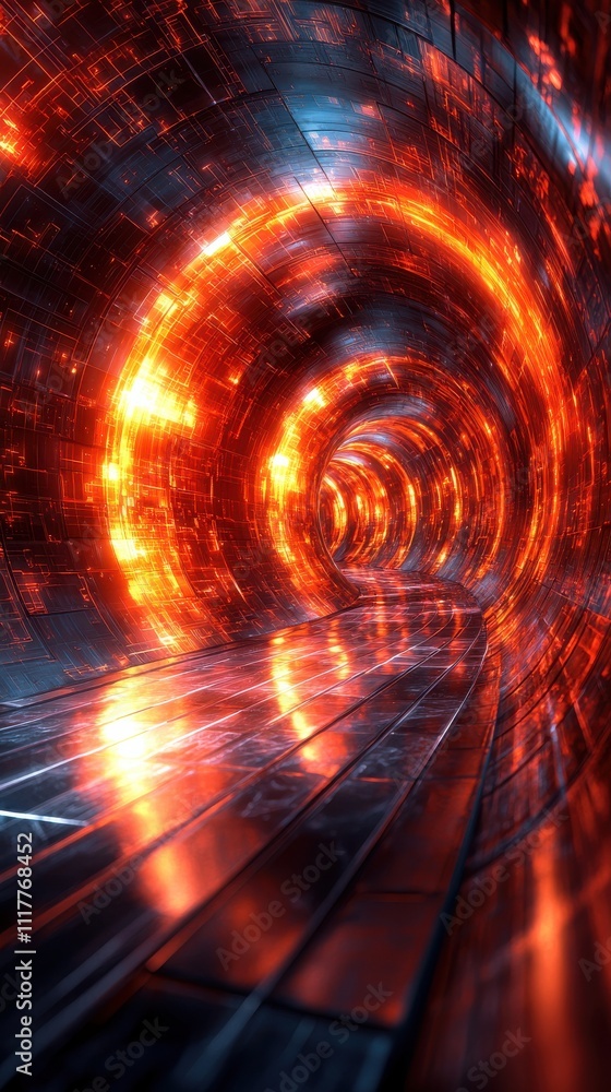 Poster illuminated tunnel with fiery swirl patterns creates a dramatic and surreal atmosphere in a futurist