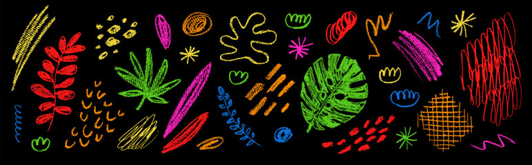 Childish summer vector charcoal scribble textures. Vector hand-drawn set. Chalk textured tropical jungle doodle shapes. Pastel smears, scrawls, scratches, dots. Kids crayon drawings, black background