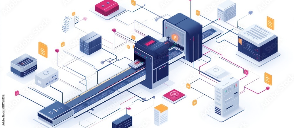 Poster isometric illustration of a complex server network with connected data processing systems.