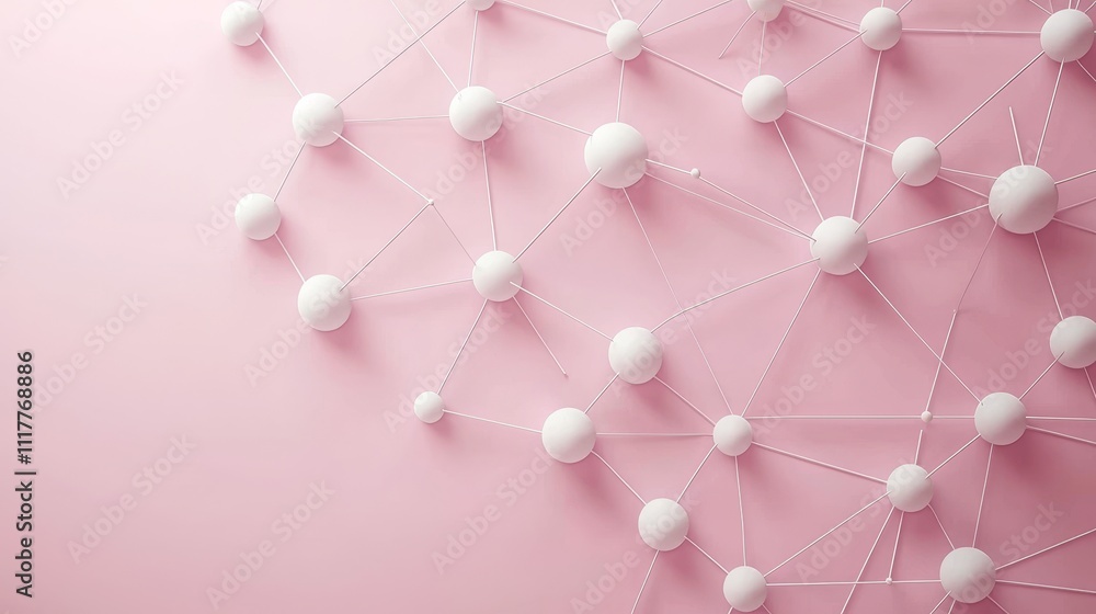 Poster abstract network structure concept with white nodes and connections on soft pink background for mode